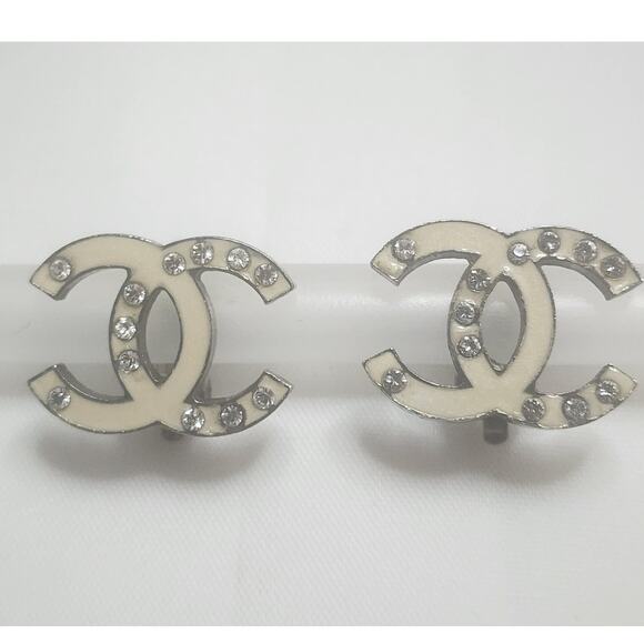 US BASED Authentic Vintage CHANEL CC Clip On Crystals Bling Earrings w Gift Bag